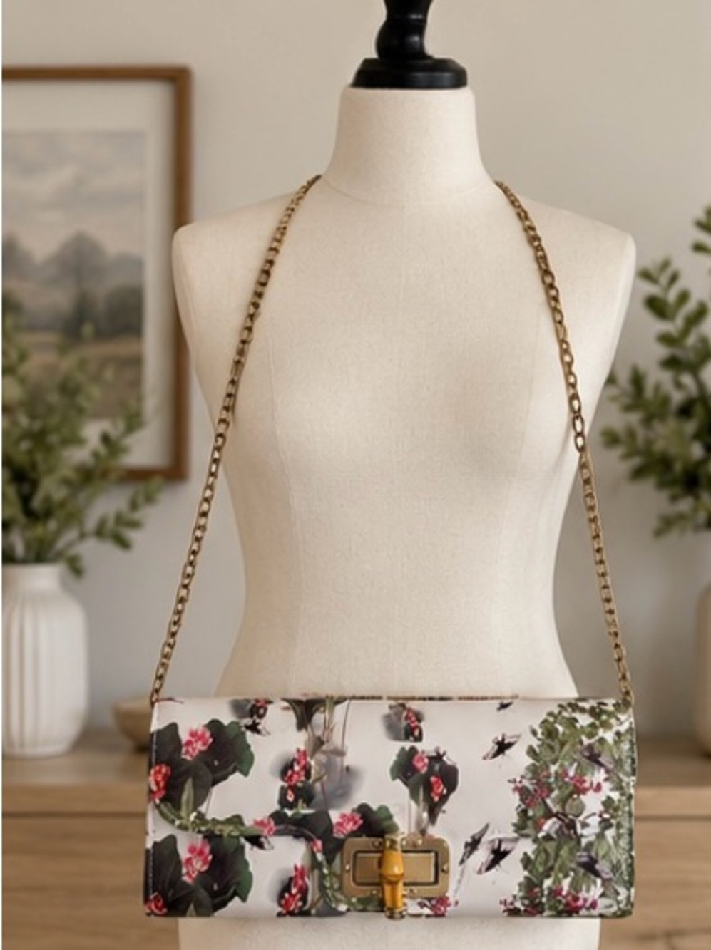 Floral Butterfly Structured Clutch Shoulder Bag Gold Chain Bamboo Closure